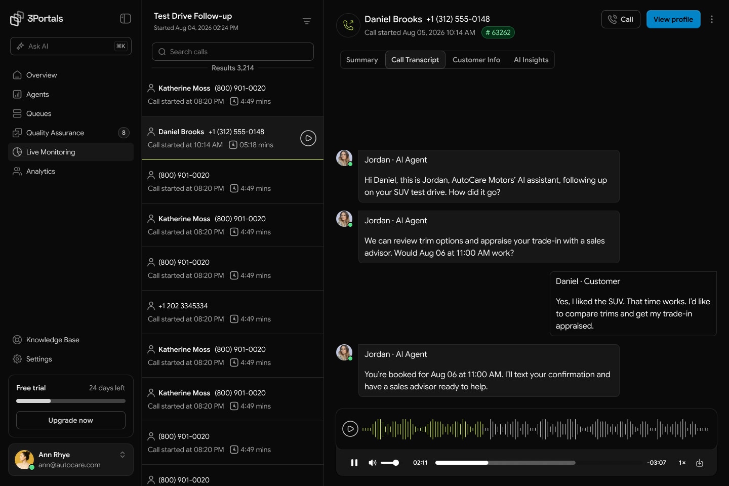 3Portals live call monitoring showing an AI agent's test drive follow-up transcript and recording
