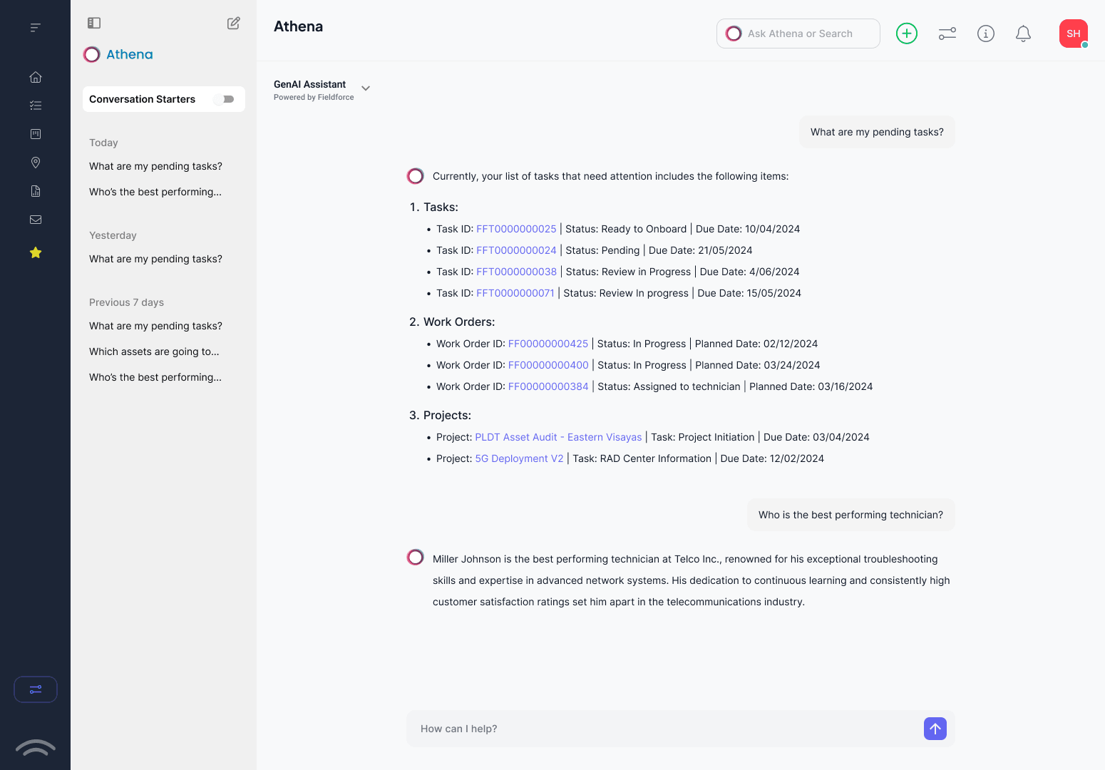 Athena AI assistant answering a question about pending tasks