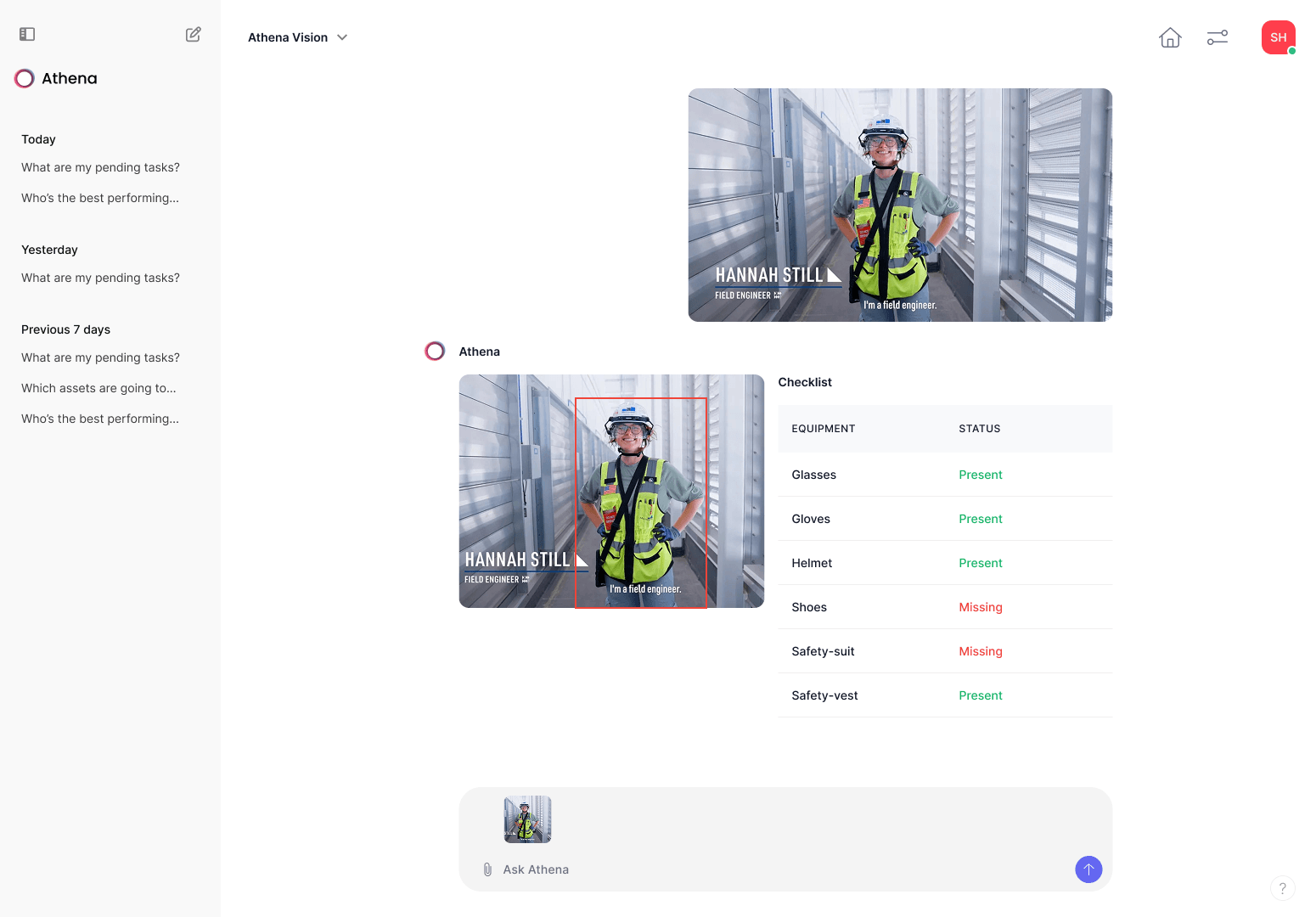 Athena Vision reading a field engineer photo against a safety checklist