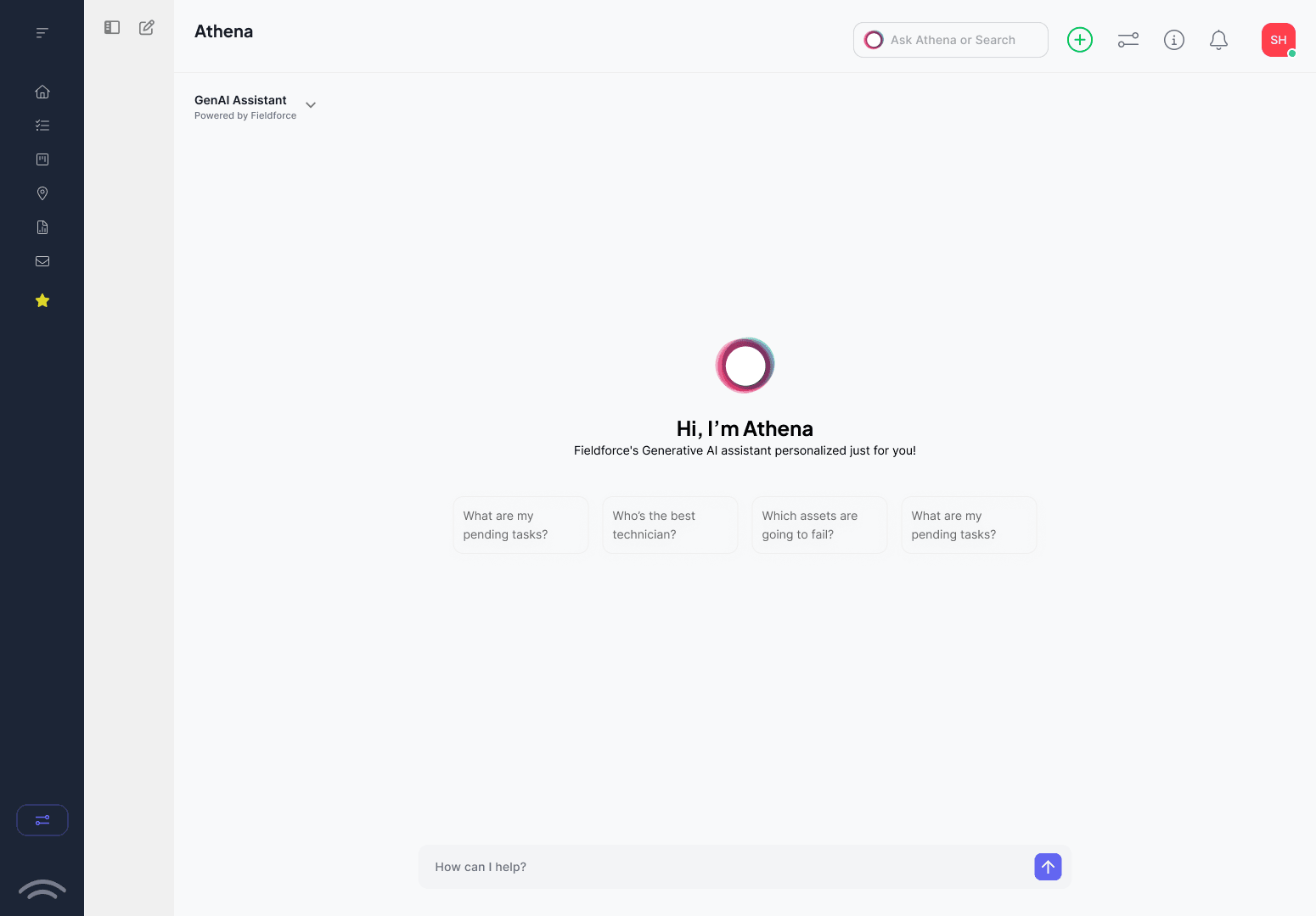 Athena AI assistant welcome screen, built for Fieldforce