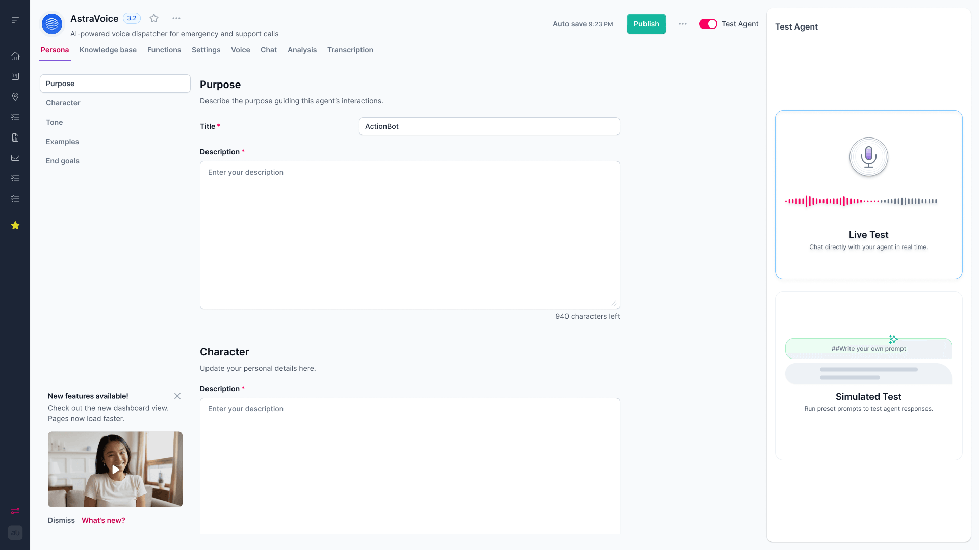 Augment Group agent persona and purpose editor, with a live test panel