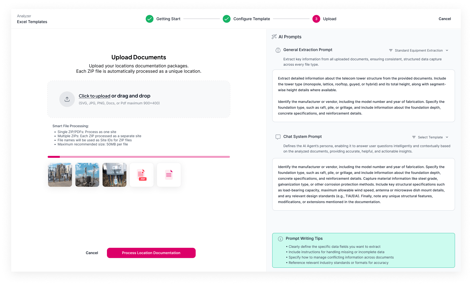 Augment Group's document upload screen with AI extraction prompts