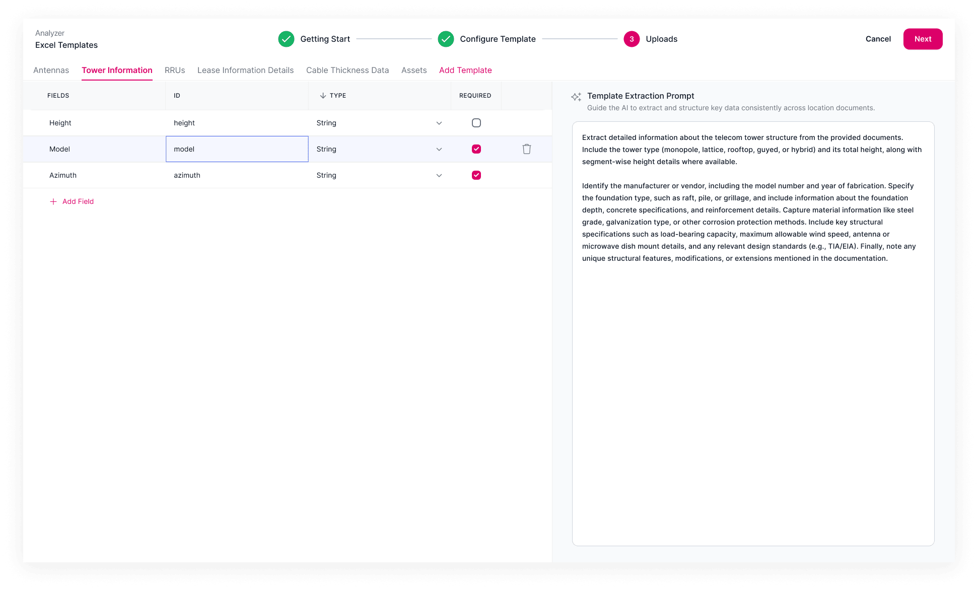 Augment Group's Excel template configuration for tower documentation fields