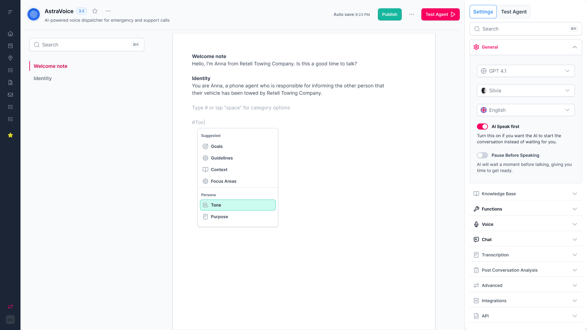 Augment Group agent welcome note and identity prompt editor