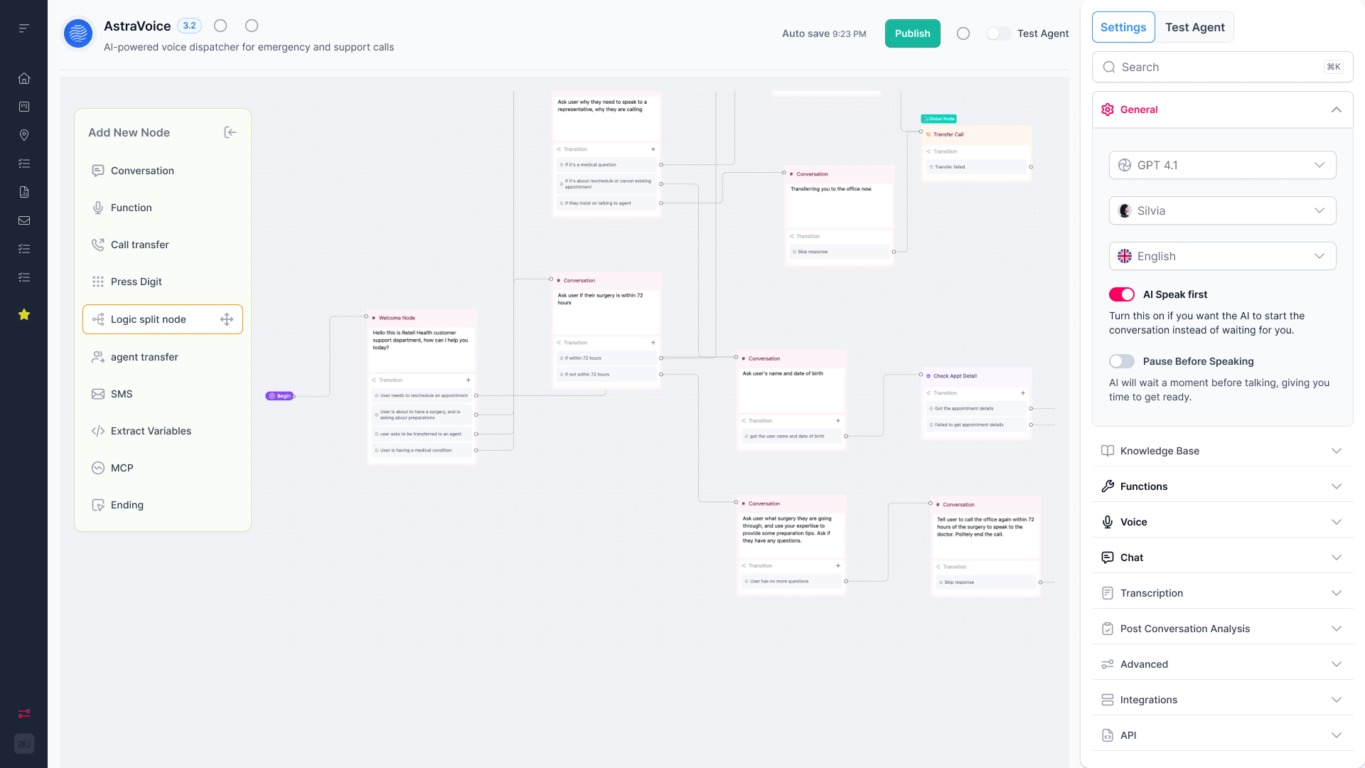 Augment Group's node-based workflow canvas for a voice agent, with conversation and logic nodes
