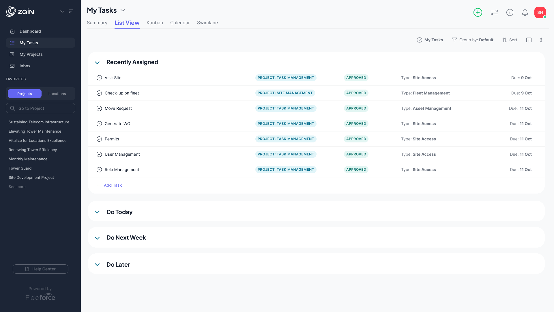 Fieldforce my tasks view