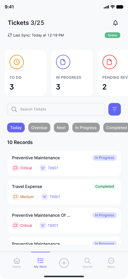 Fieldforce mobile ticket list screen