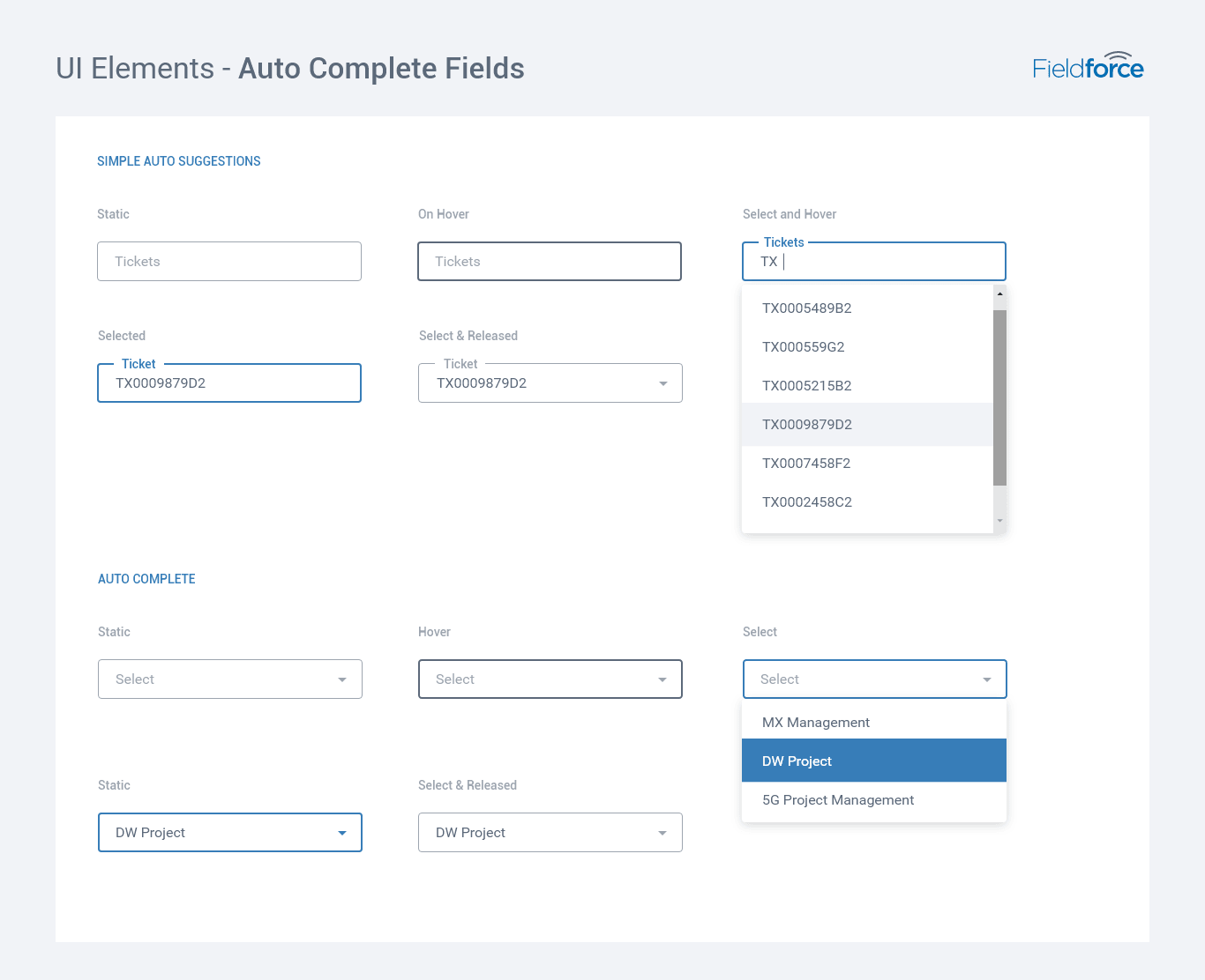 Fieldforce autocomplete field patterns