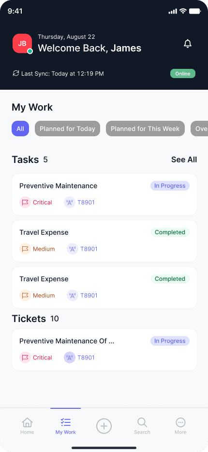 Fieldforce mobile My Work screen